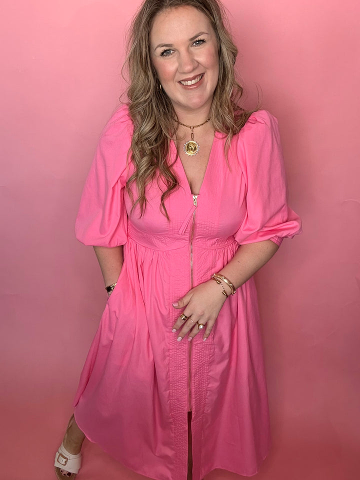 Pink Midi Dress w/Smock Waist