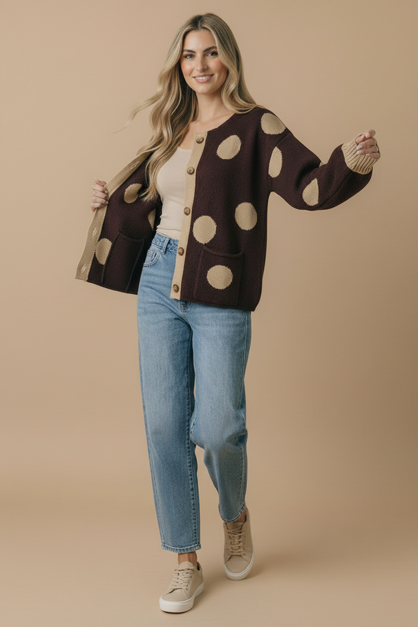 Button Down Polka Dot Jacquard Cardigan: BRUNETTE / M