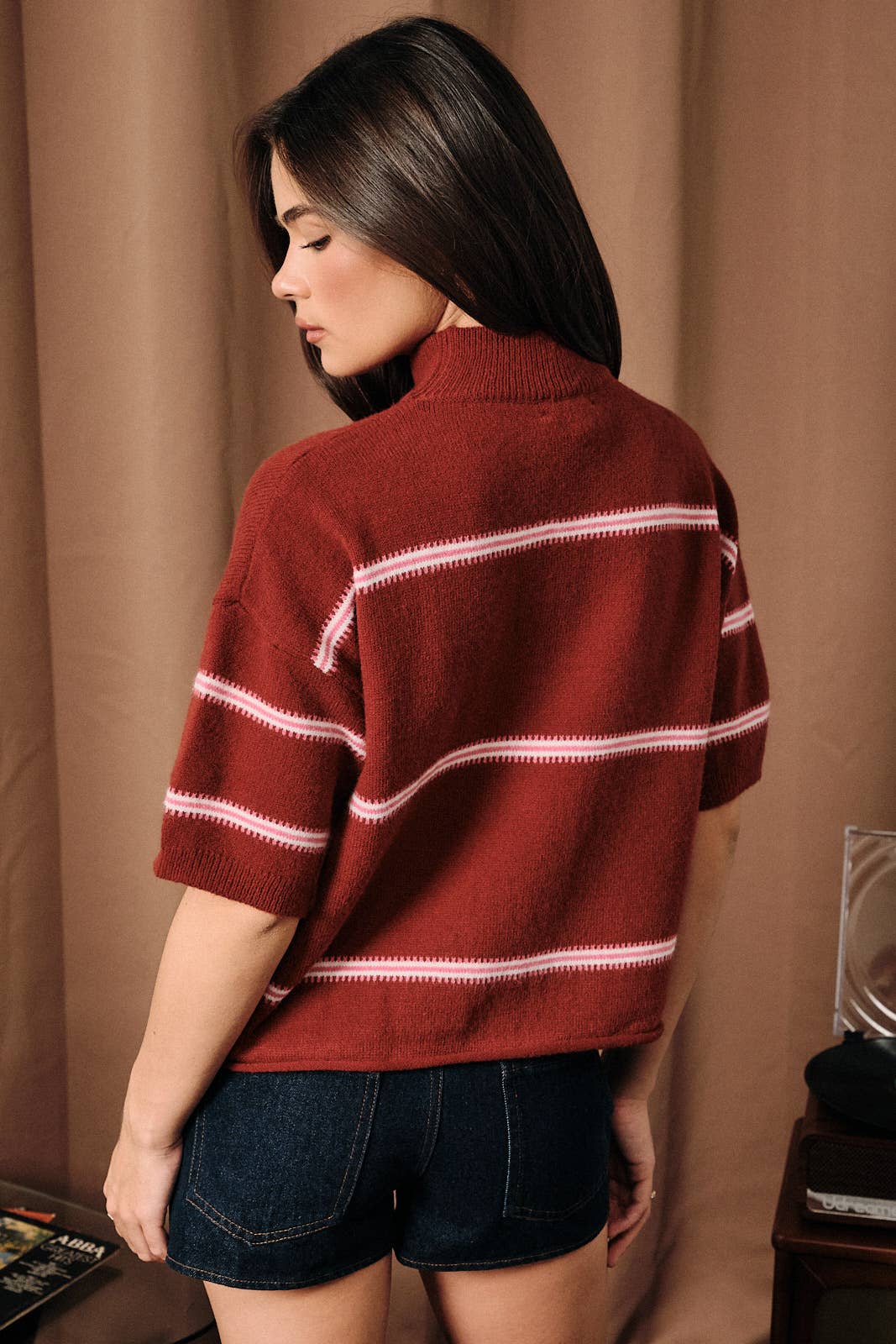 Mock Neck Short Sleeve Striped Sweater Top: BURG-MULTI STRIPE / M