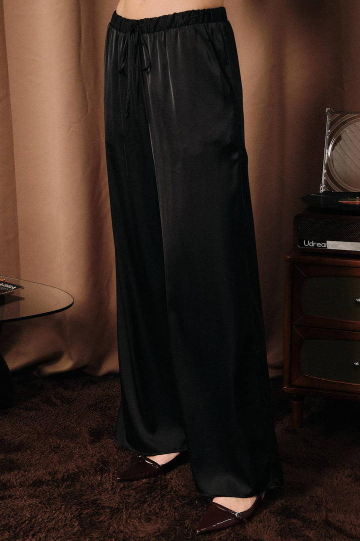 High Waist Drawstring Satin Wide Leg Pants: Burgundy / L