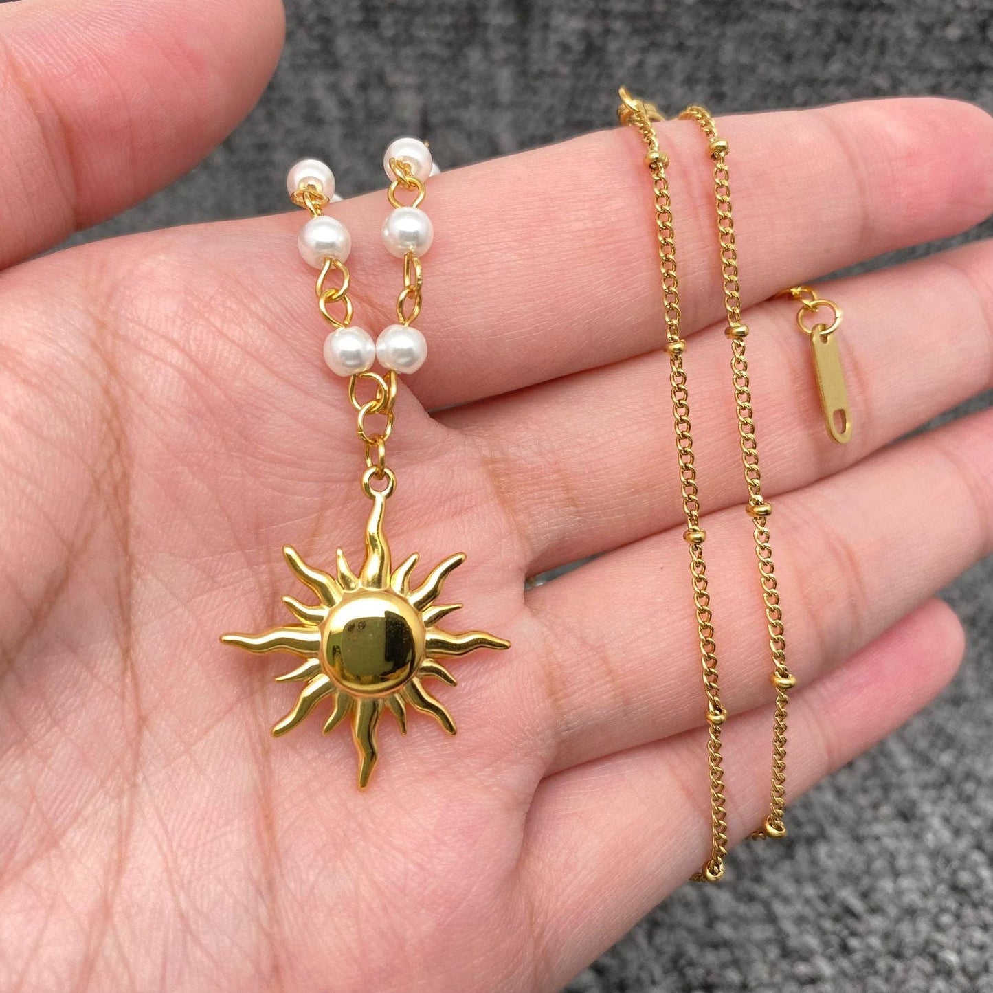 18K Gold Plated Sun Charm Pearl Chain Necklace