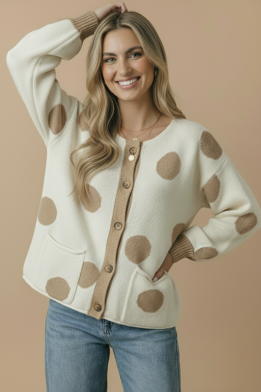 Button Down Polka Dot Jacquard Cardigan: BRUNETTE / M