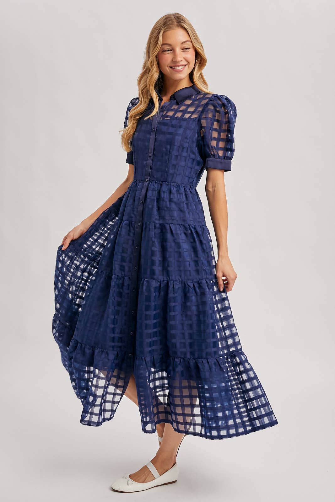 Navy Gridded Maxi Dress