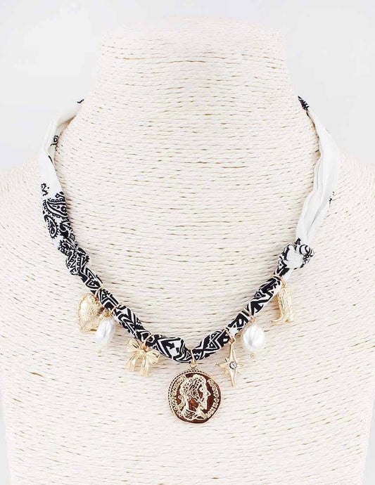 White and Black Knotted Scarf Necklace with Coin, Bow, and Pearl Charms
