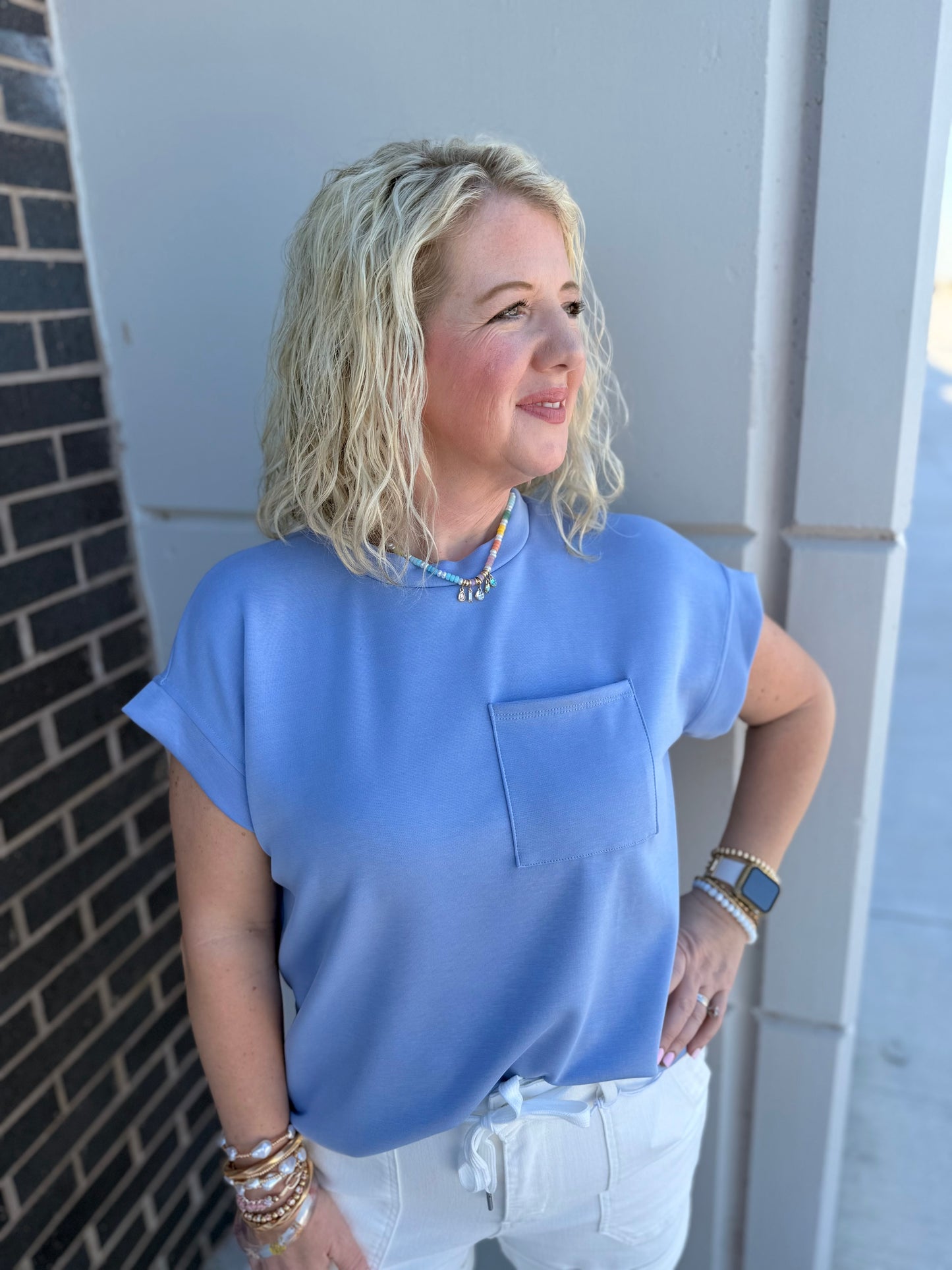Perry Blue Cuffed Sleeve Top