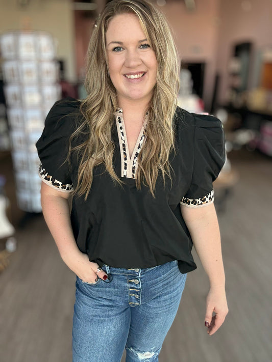 Black Leopard Accent Top