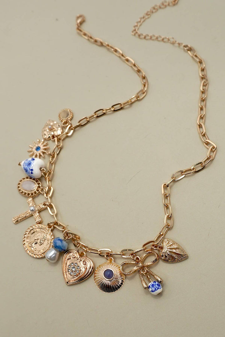 Cross &amp; Coin Heart Charm Necklace
