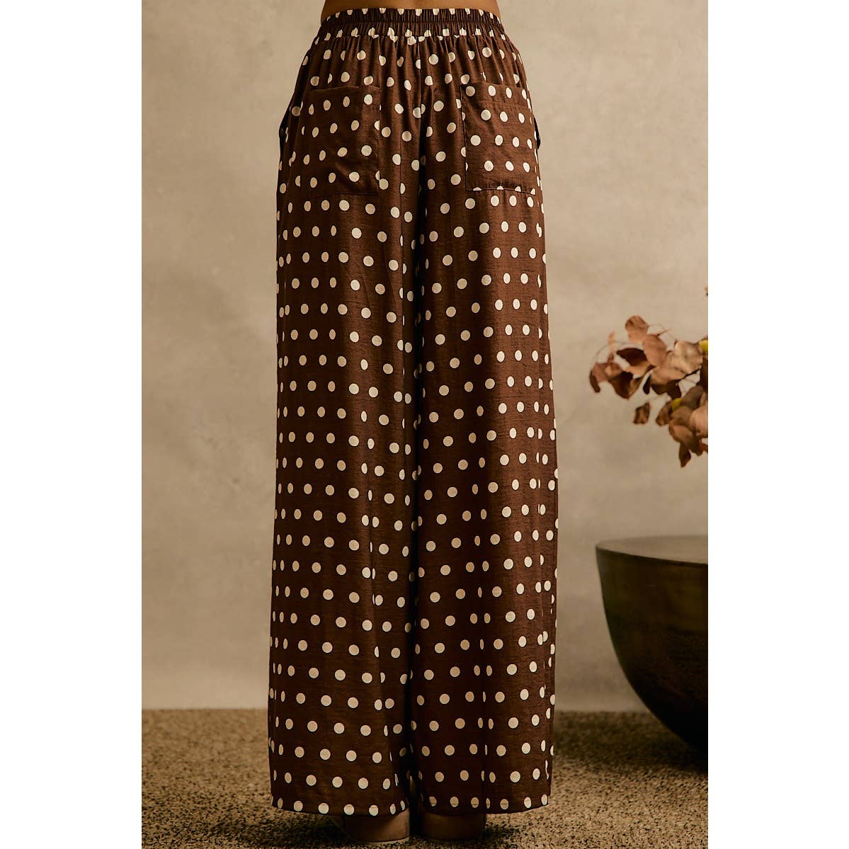 POLKA DOT WAIST ELASTIC WIDE PANTS: BROWN/WHITE / S