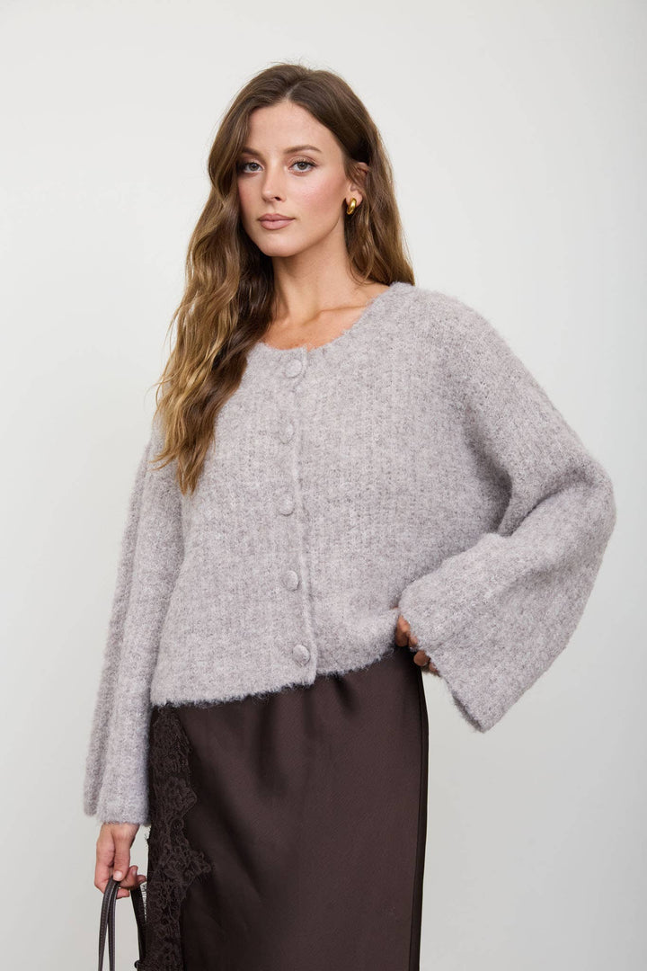 FUZZY KNIT BUTTON DOWN BOXY CARDIGAN SWEATER: CHOCOLATE BROWN