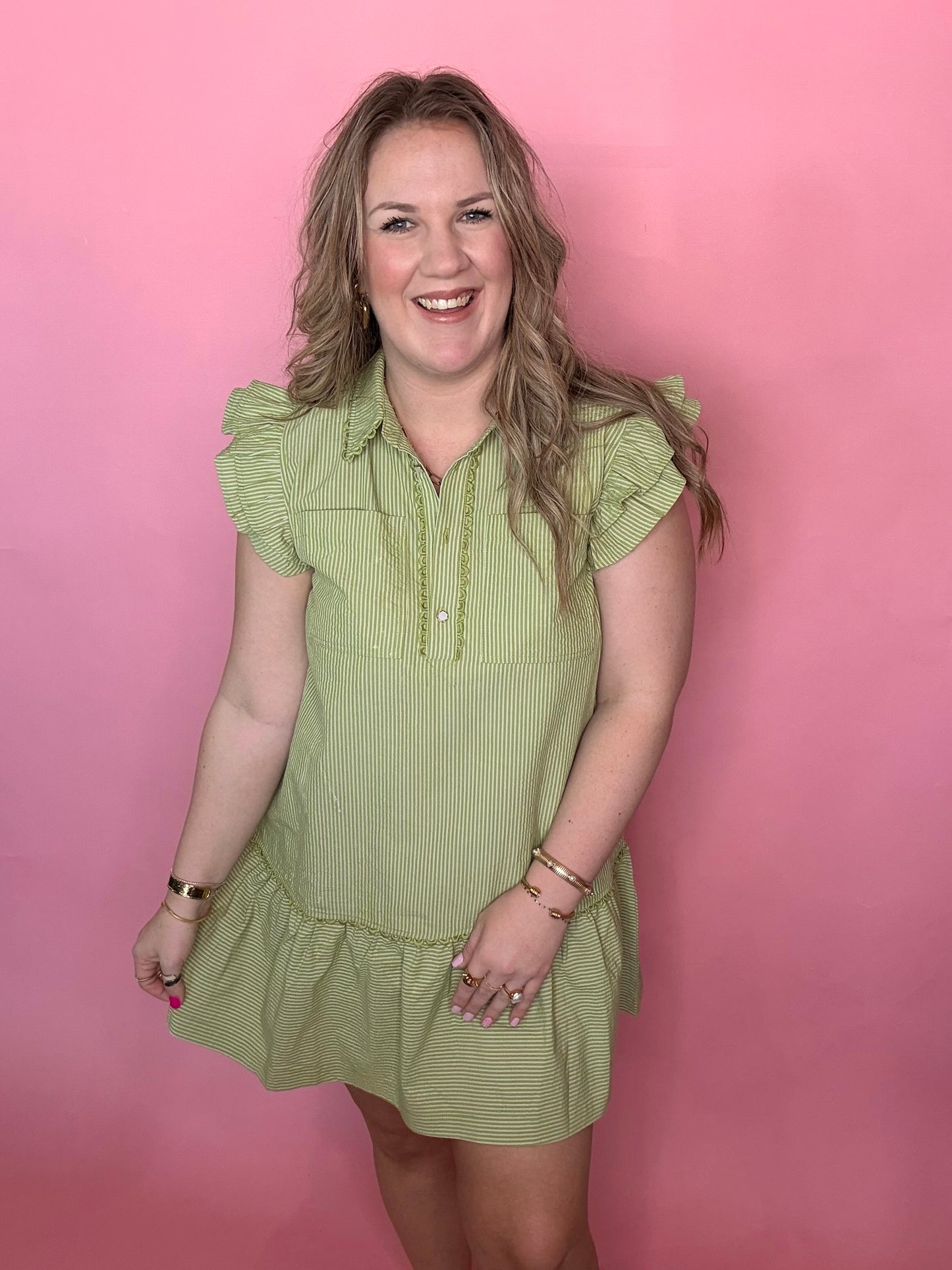 Avocado Pinstripe w/Scallop Dress