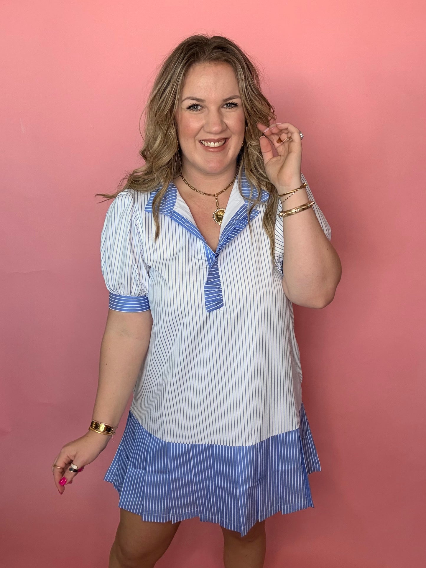 Baby Blue w/White Stripe Pleated Dress