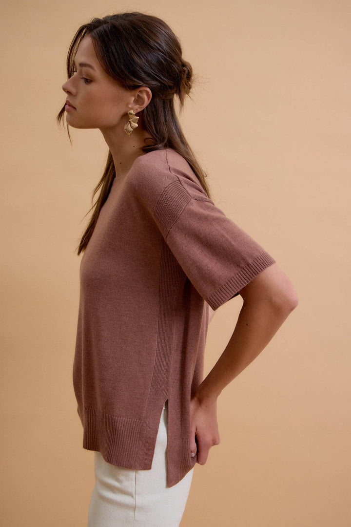 WOOL BLENED BOXY FIT SHORT SLEEVE SWEATER TOP : OATMEAL / L