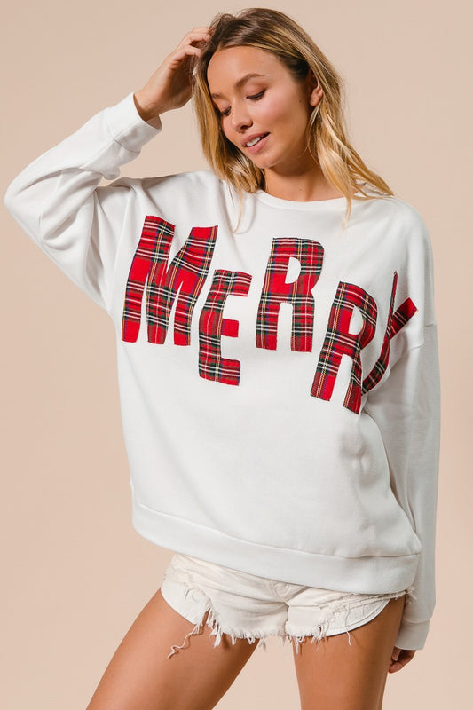 White Merry Plaid Sweatshirt
