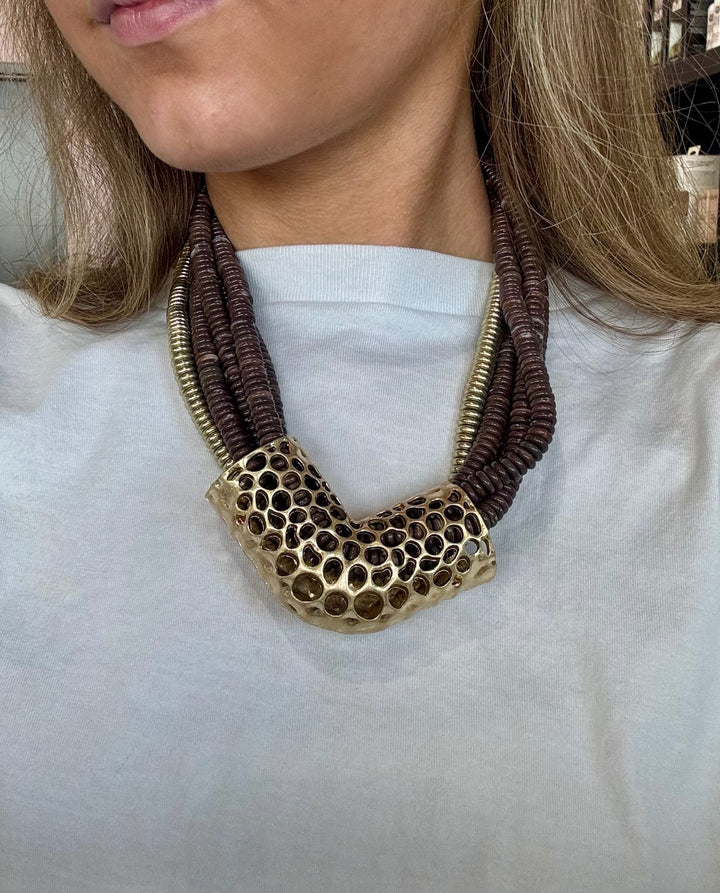 Dark Brown Metal Bead Pendant Multi Strand Necklace