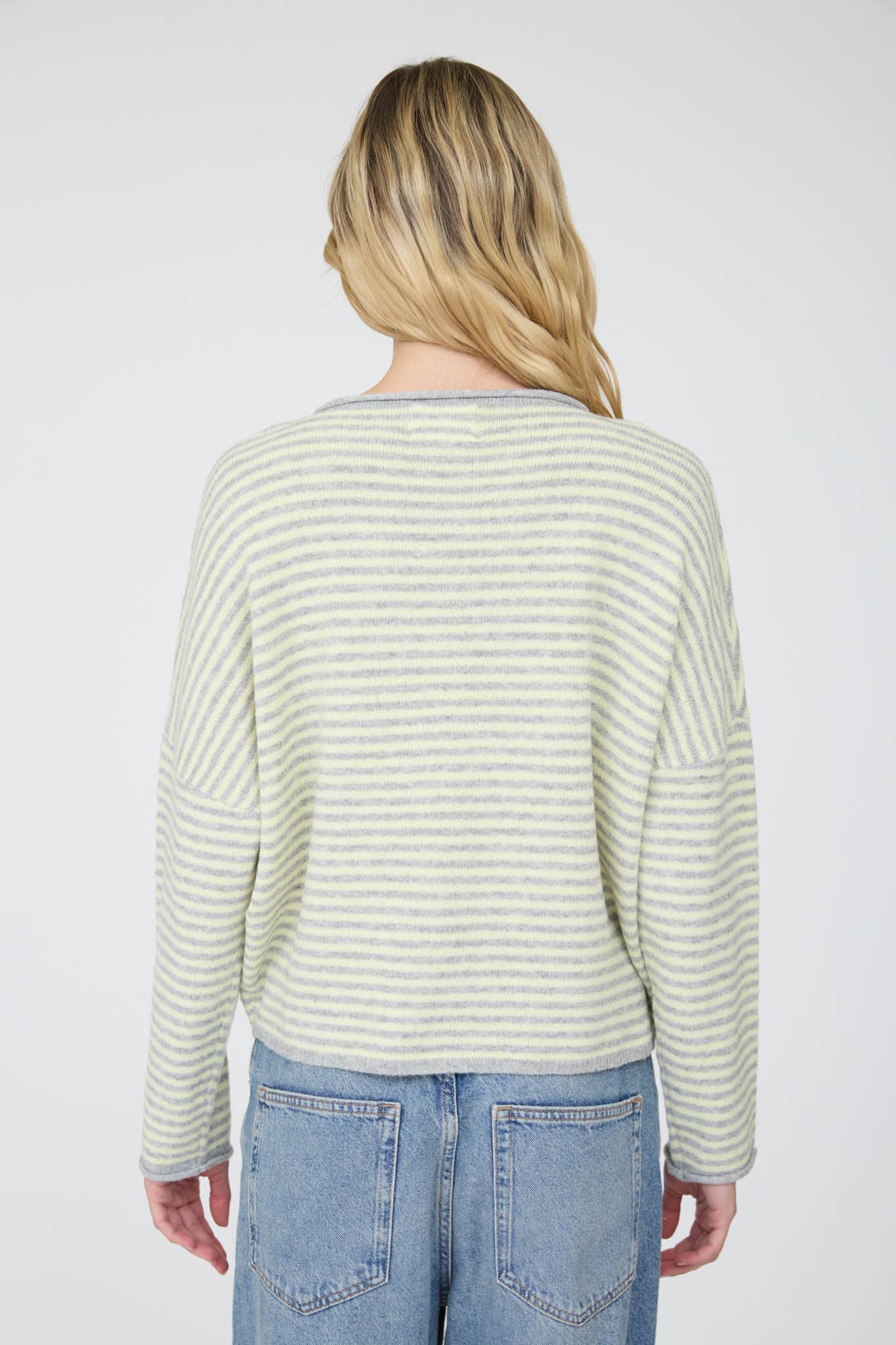 STRIPE RAW EDGE DROP SHOULDER KNIT CARDIGAN : DUSTY BLUE