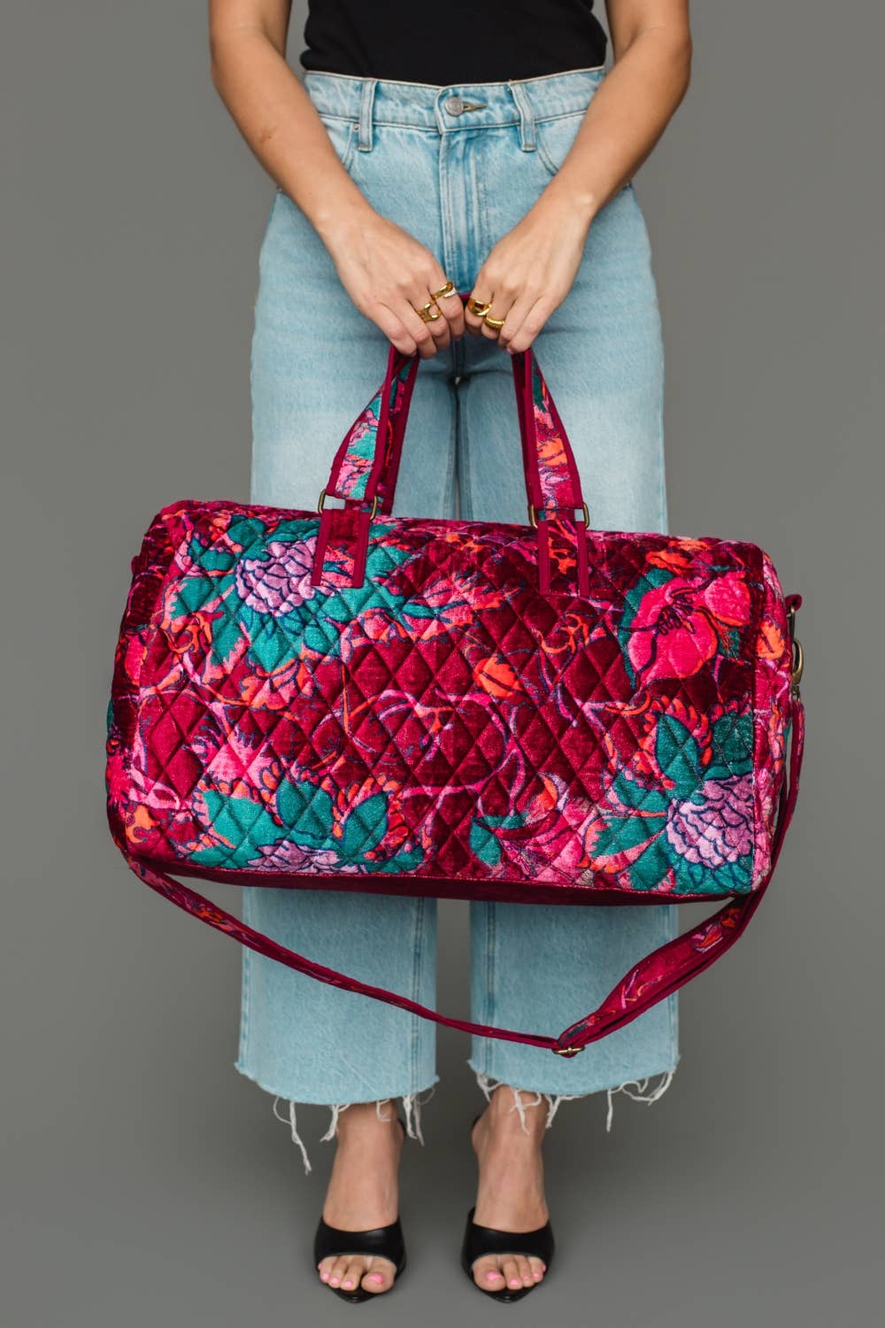 Burgundy &amp; Multicolored Floral Duffel