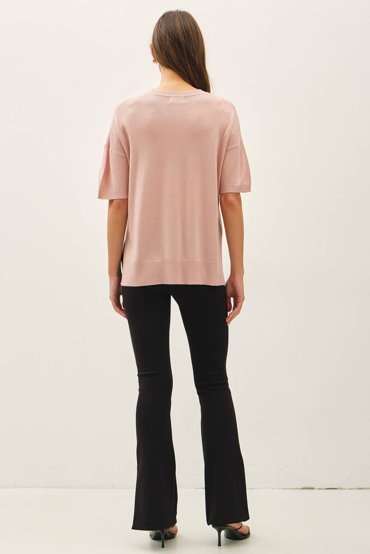 WOOL BLENED BOXY FIT SHORT SLEEVE SWEATER TOP : OATMEAL / L