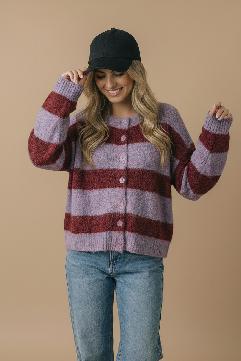 Fluffy Stripe Cardigan: Burgundy/Lavender