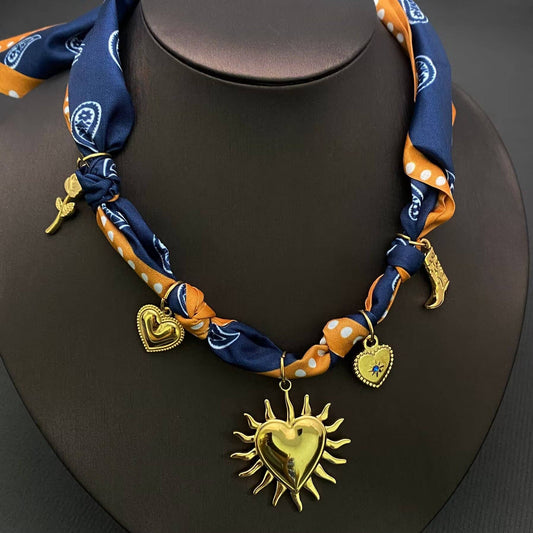 Blue & Orange Charm Scarf Necklace