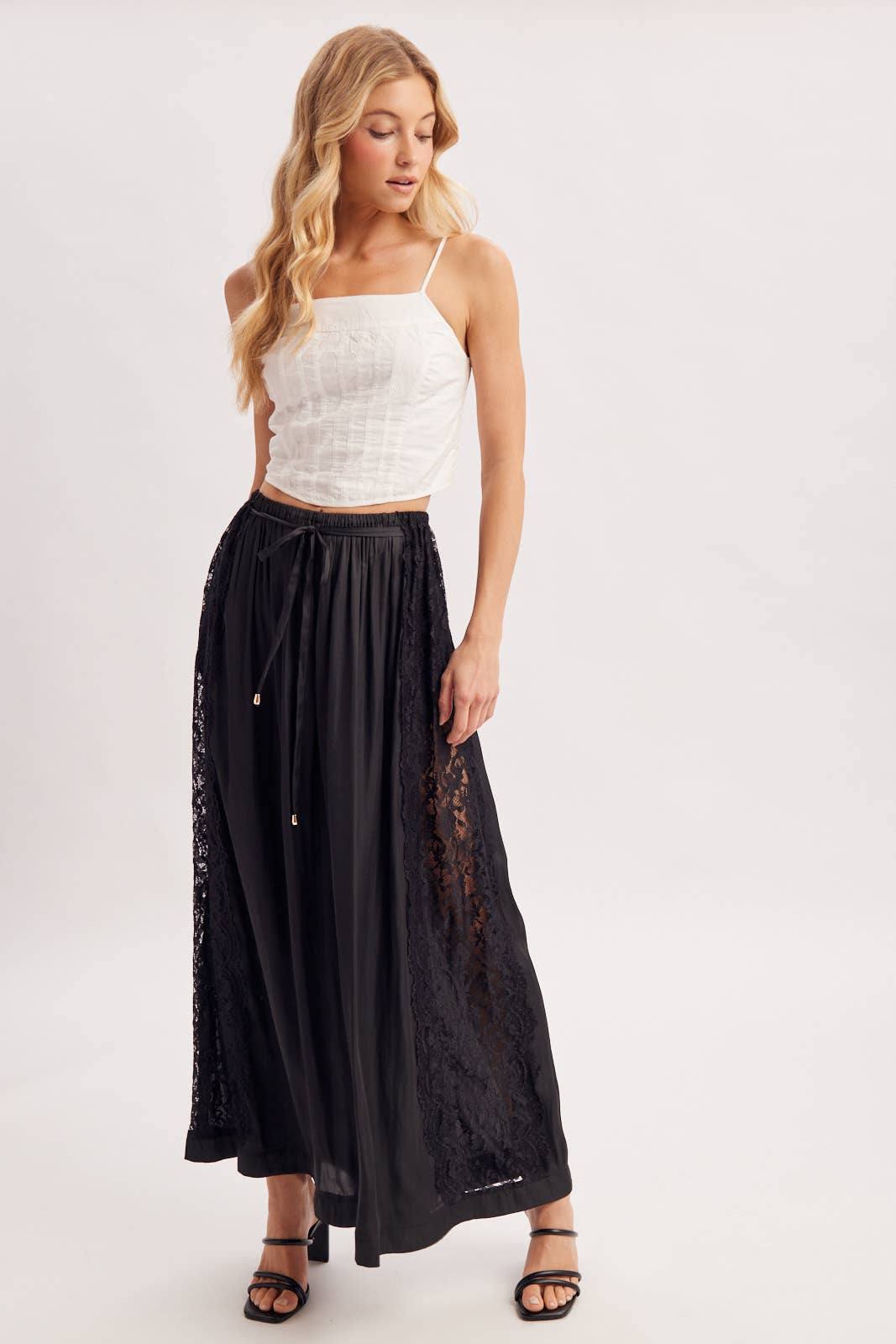 Boho Lace Trim Satin Wide Pants