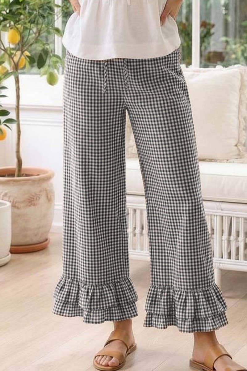 Gingham Casual Ruffled Hem 100%Cotton Cropped Pants VP83379A: Blue / L