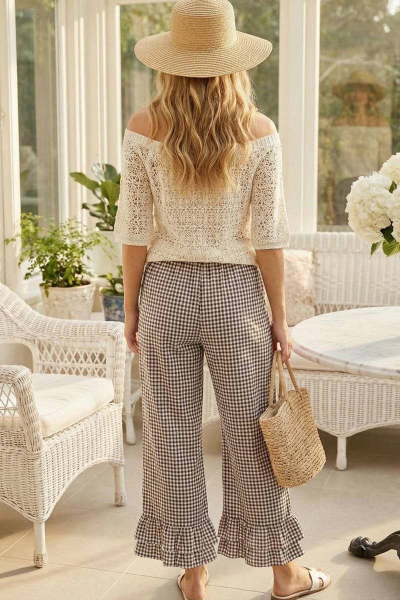Gingham Casual Ruffled Hem 100%Cotton Cropped Pants VP83379A: Blue / M