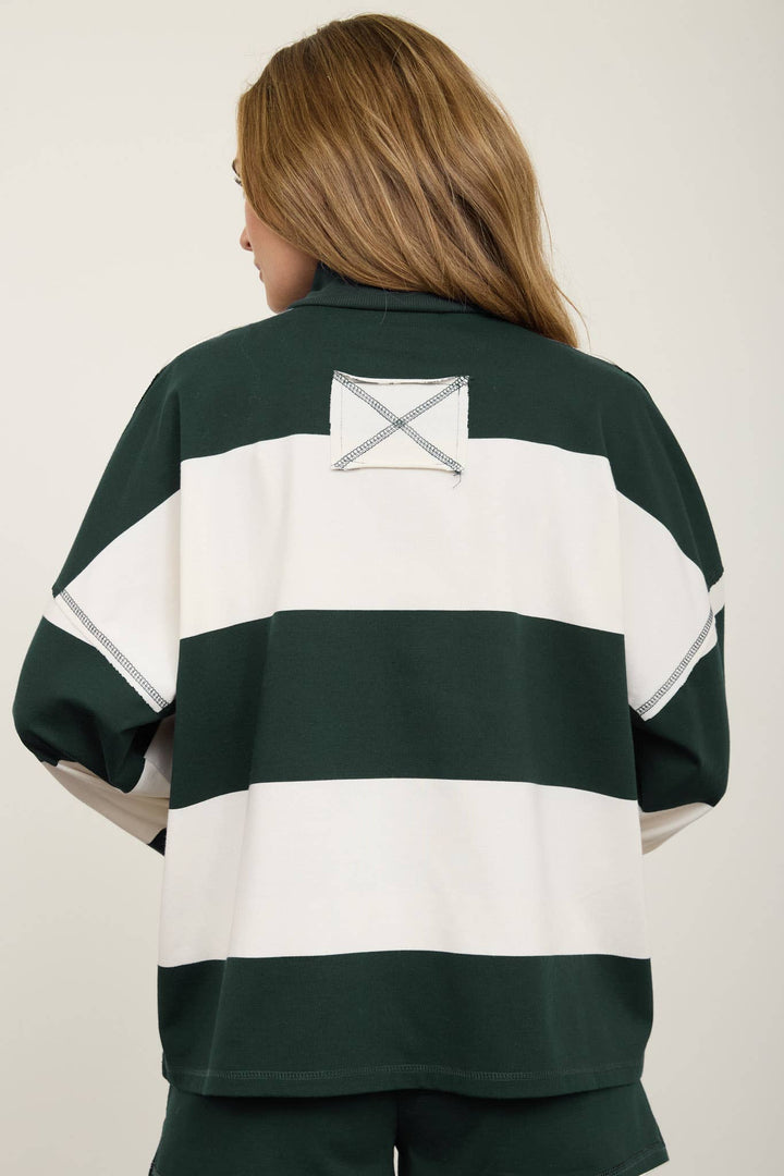 WIDE STRIPE HALF ZIP LONG SLEEVE KNIT TOP: NAVY