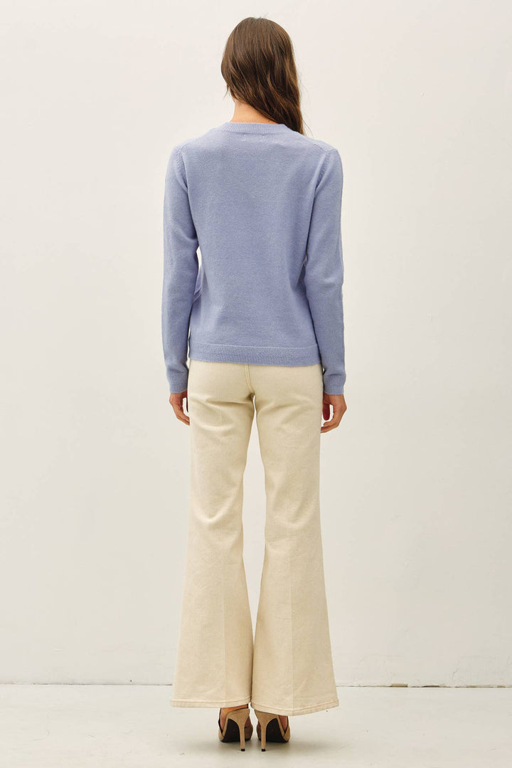 WOOL TOUCH CUFF POINTED V-NECK SWEATER: DUSTY BLUE / L