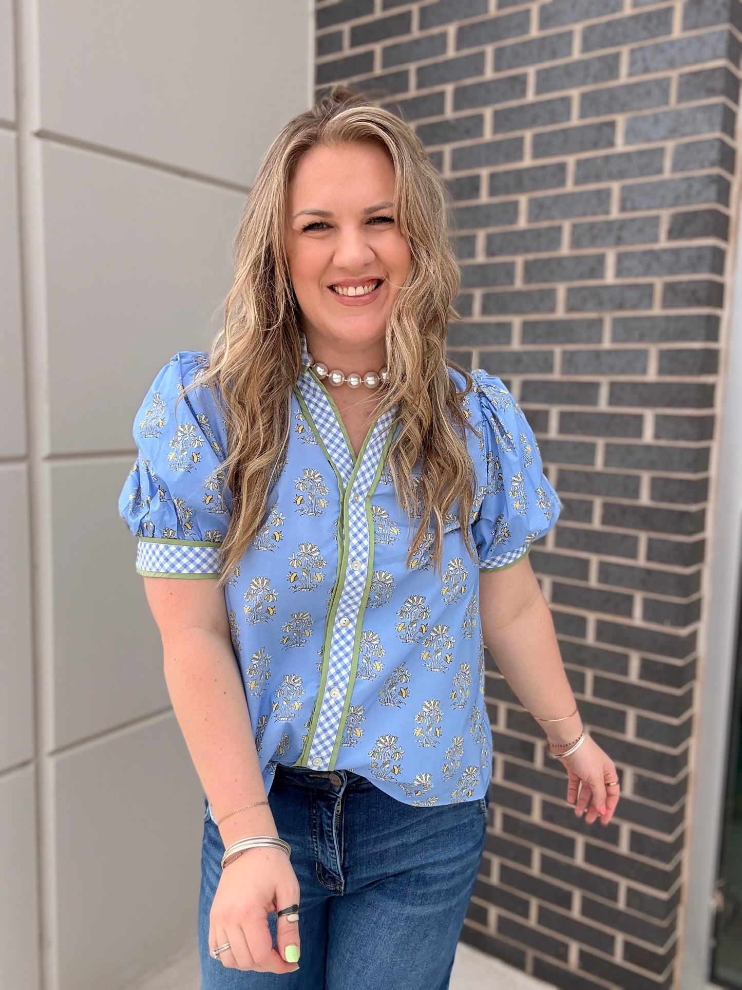 Blue Flower Gingham Accent Blouse