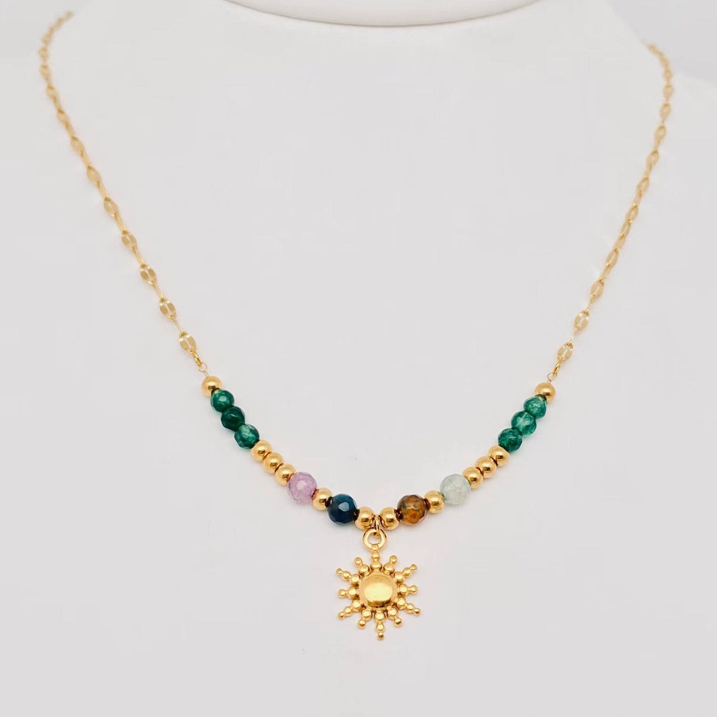 Stone Beads 18 K Gold Plated  Sun Pendant Necklace