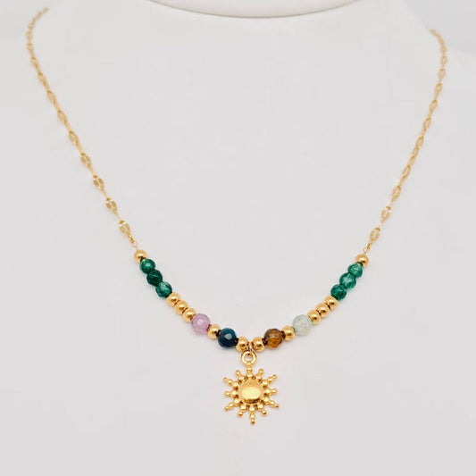 Stone Beads 18 K Gold Plated  Sun Pendant Necklace