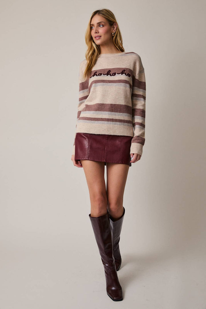 CREW NECK LONG SLEEVE "HOHOHO" STRIPE SWEATER: MAUVE-MULTI STRIPE / S
