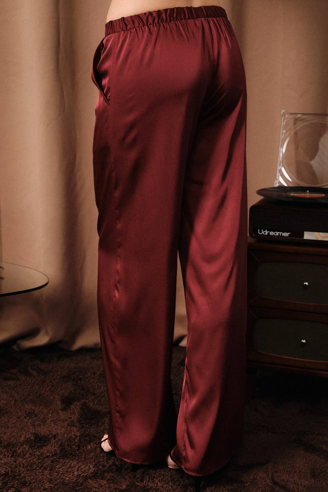 High Waist Drawstring Satin Wide Leg Pants: Burgundy / L