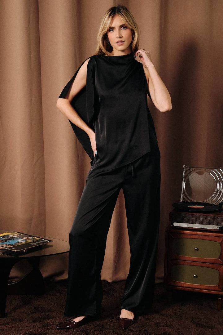High Waist Drawstring Satin Wide Leg Pants: Burgundy / L