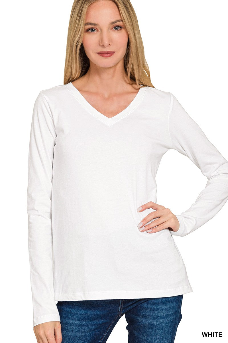 Cotton V-neck Long Sleeve Top (2 Colors)