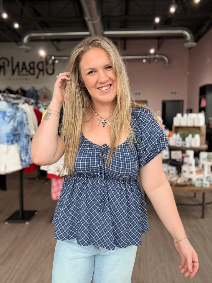 Navy Plaid Babydoll Blouse