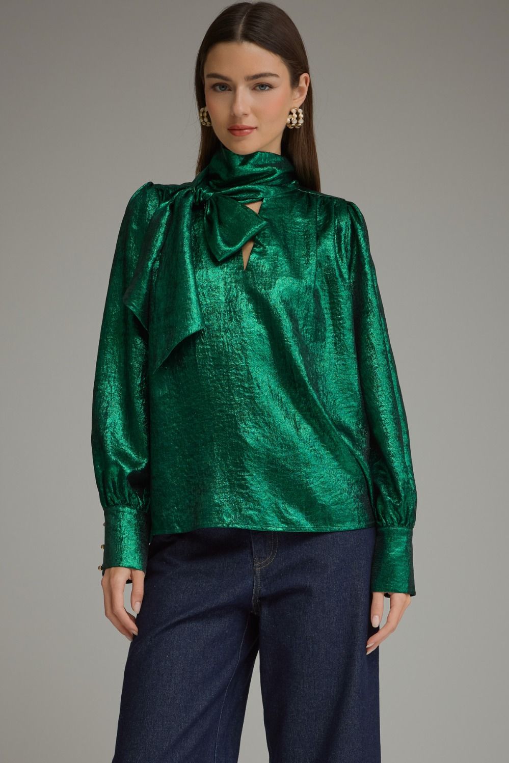 Emerald Wishes Metallic Tie Neck Top