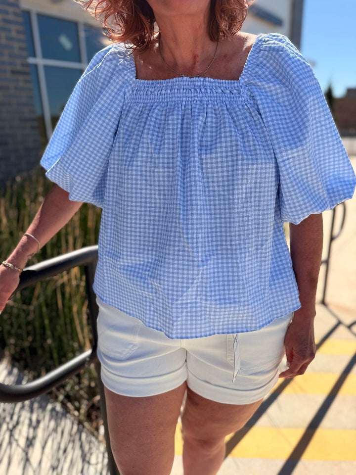 Blue Gingham Bubble Sleeve Blouse