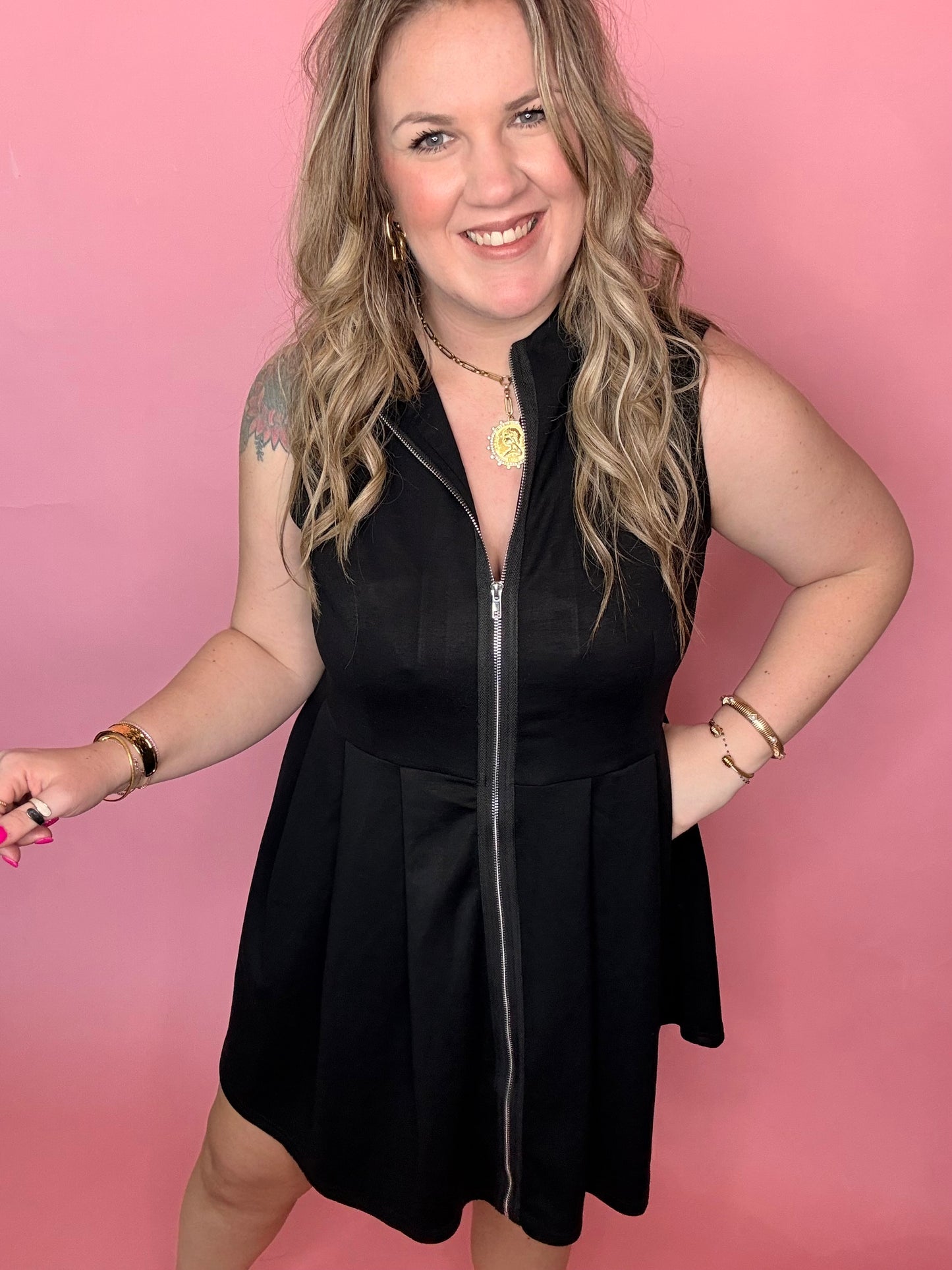 Black Scuba Zip Down Dress