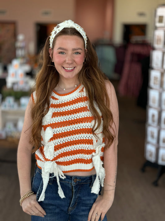 Orange Stripe Bow Tie Game Day Top