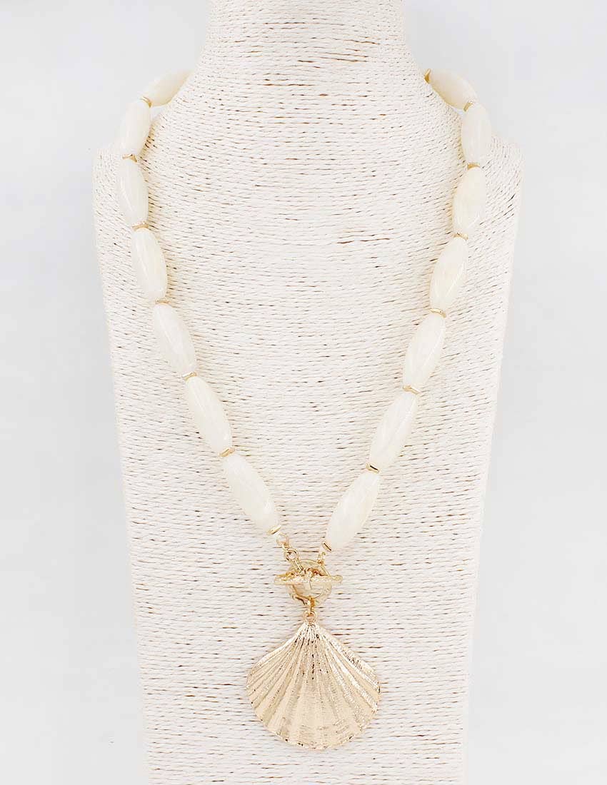 White Oval Stone Necklace with Gold  Shell Charm