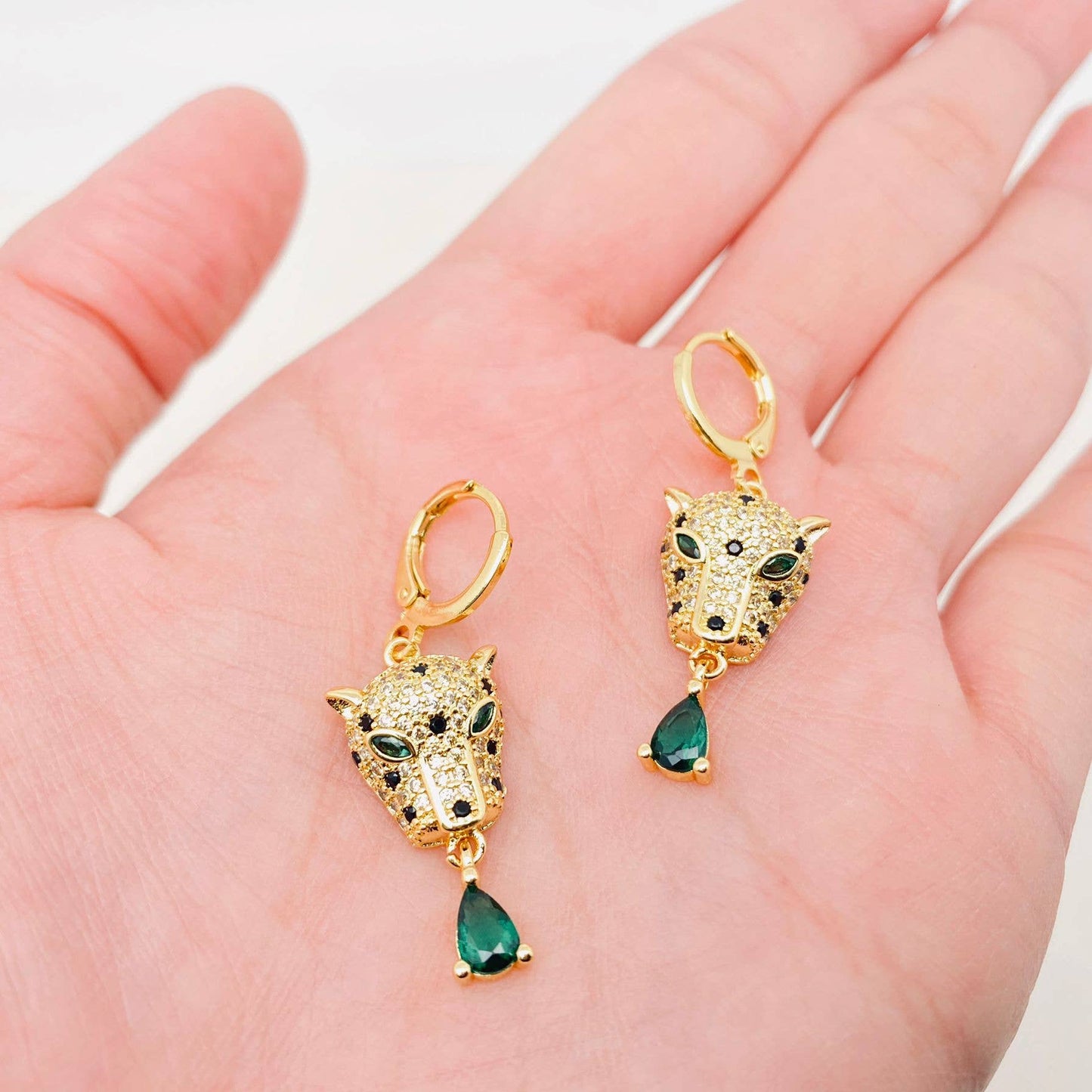 Gold Leopard & Enerald Earrings