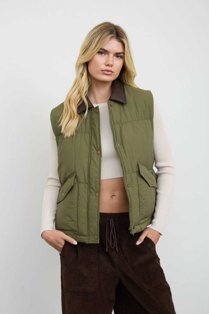 COLLARED SNAP-FRONT PUFFER VEST (PRE-ORDER): BLACK