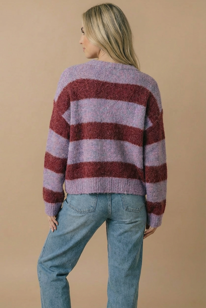 Fluffy Stripe Cardigan: Burgundy/Lavender