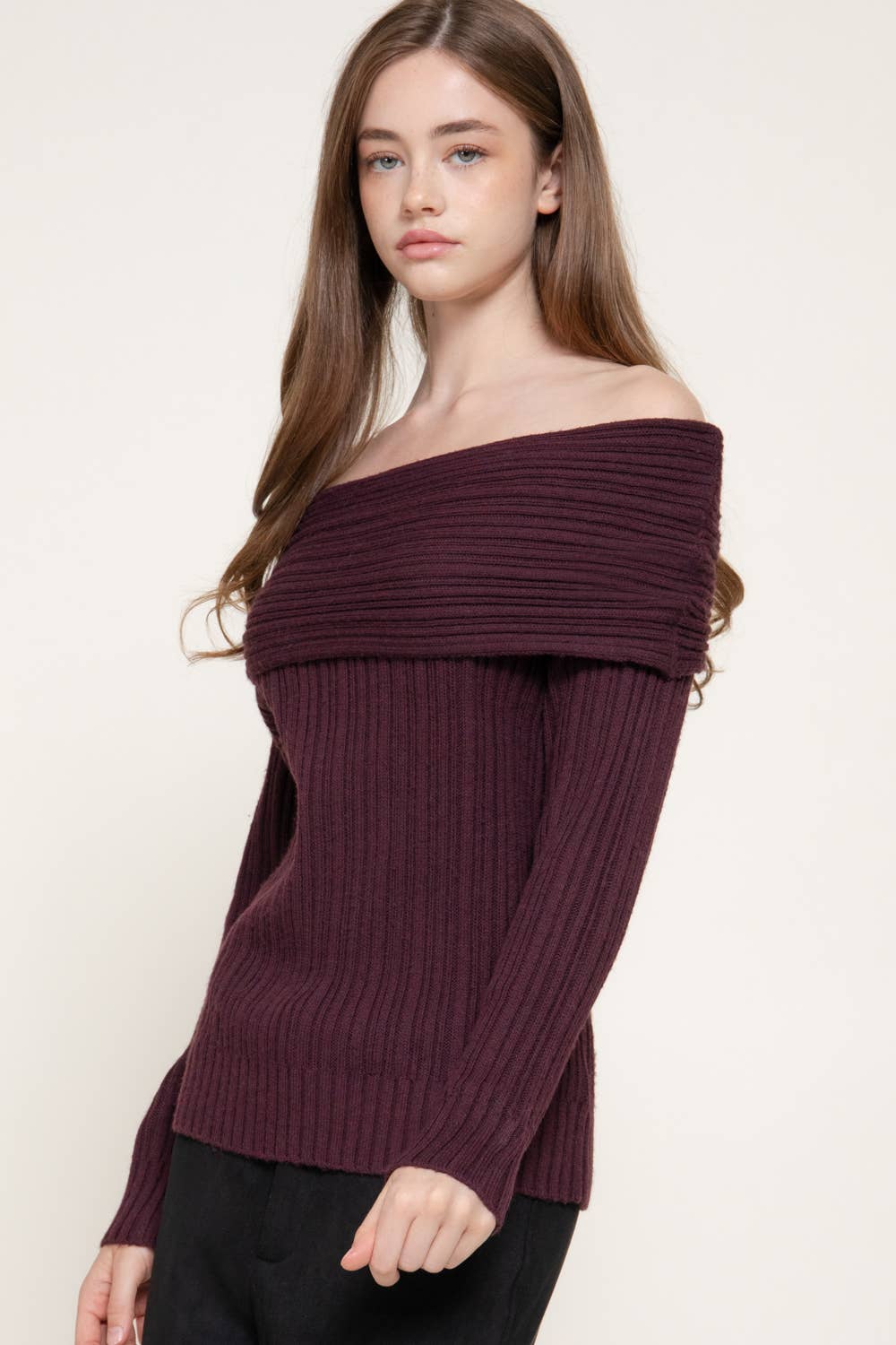 Plum Off The Shoulder Ribbed Sweater