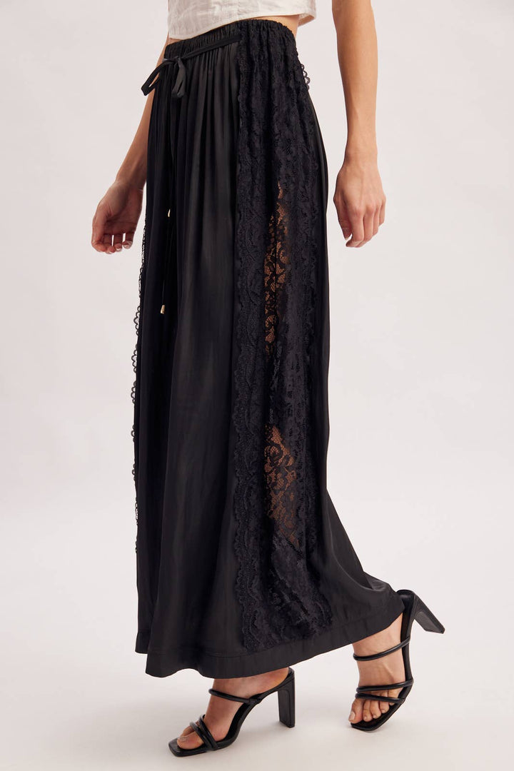 Boho Lace Trim Satin Wide Pants