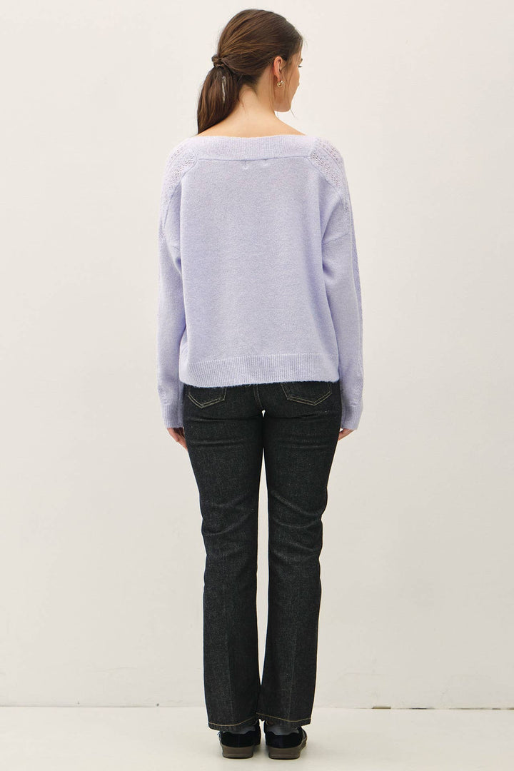 BOAT NECK CROCHET DETAIL SWEATER: LAVENDER / S
