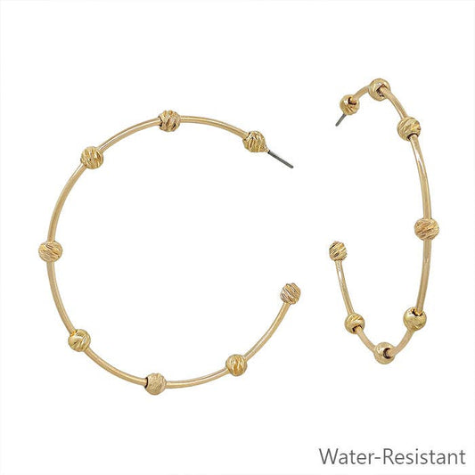 Water Resistant Gold Bar with Gold Textured Ball Hoop Earring