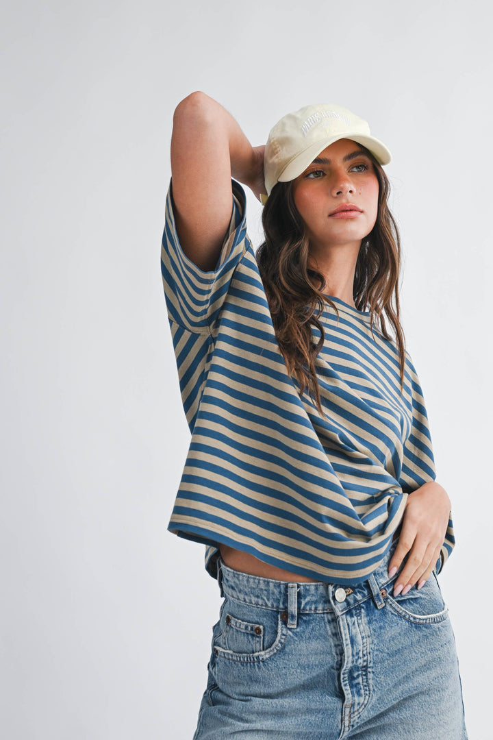Tan/Blue Oversized Stripe Boyfriend Tee
