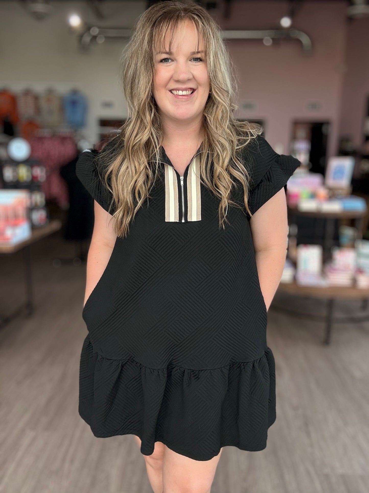 Black Textured Dress w/Beige Stripe
